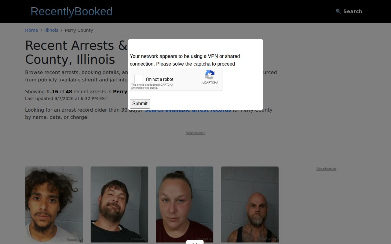 Unofficial RecentlyBooked Perry County index shown as a secondary source